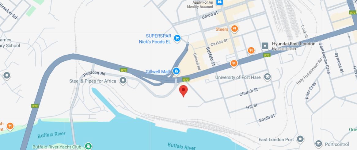 Map showing the Faith Missions office at 1 Pontoon Road, East London